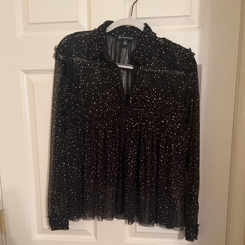 INC XS Sheer Black Blouse with Gold Polka Dots
